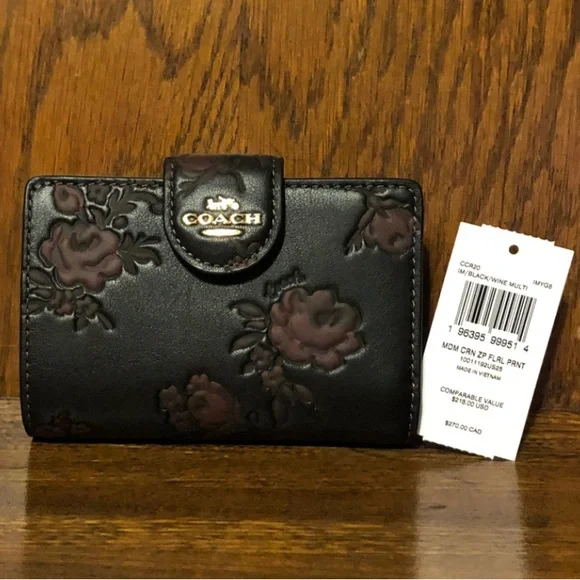 NWT-Coach-Medium Corner Zip Wallet-Floral Print/Roses🌹Black & Wine-$218 - Picture 8 of 11